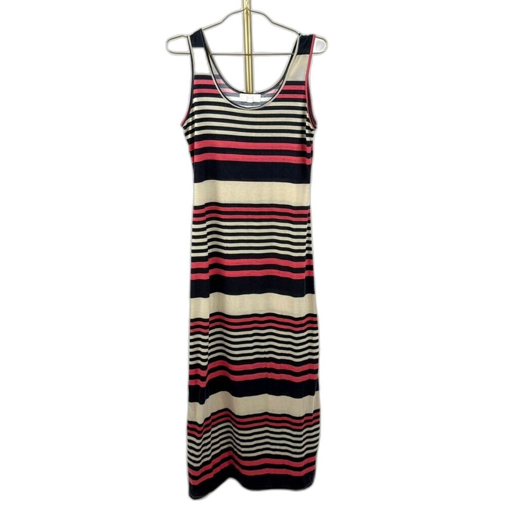 Pink Rose Women's Navy Blue Coral Tan Striped Tank Maxi Dress Size Small